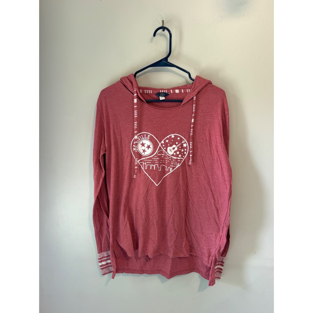 MV Sport Nashville Heart Graphic Hoodie Pink Striped Cuffs Women Large